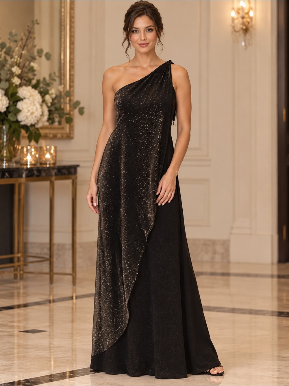 One-Shoulder Black Sparkle Evening Gown